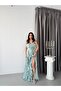 Mint Strapless Ruffled Slit Chiffon Evening Dress - 3