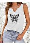Women's Butterfly Printed Half V-Neck Sleeveless Regular Fit Casual T-Shirt - 4
