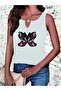 Women's Butterfly Printed Half V-Neck Sleeveless Regular Fit Casual T-Shirt