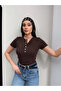 Women's Ribbed Knit Snap Fastener Blouse Brown 10849-1 - 2