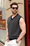 Black V-Neck Striped Sleeveless Knitwear T-Shirt E7179 - 3