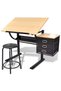 Tilting drafting table with three drawers and stool