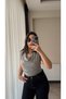 Women's Gray Degaje Collar Soft Blouse with Cotton Sleeves