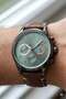 Kasa Men's Wristwatch |   44mm Steel Case, Light Brown Leather Strap, Green Dial - 4