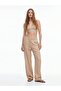 Elastic Waist Straight Leg Wrinkled Beige Trousers - 3