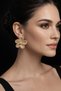 Women's Milk Brown Flower Figured Earrings - Gold Color Framed with Shiny Stone Detail - 4