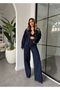 Women's Denim Sets Navy Blue Stone Embroidered O Oversized High Waist Wide Leg Pants Jacket Two Piece Set