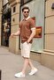 Brown 100% Cotton Piece Polo Collar Shorts T-Shirt Set E7358