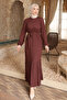 Brown Elastic Sleeves Buttoned Waist Tie-Detail Gofre Dress