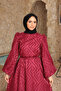 Burgundy Balloon Sleeve Belted Dress - 5