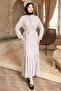 Gray Elastic Sleeves Buttoned Waist Tie-Detail Gofre Dress - 2