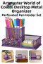 Purple Desktop Metal Pen Holder Set 3-Piece Combo 1 Pack Mesh Perforated Colorful Pen Holder Paper Holder with Sticky Notes