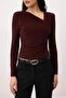 Brown Fitted Asymmetrical Collar Long Sleeve Stretch Knitted Blouse Twoss26Bz00243 - 3