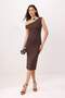 Kahverengi Bodycon Asimetrik Yaka Düşük Kol Kısa Kollu Midi Soft Touch Örme Elbise TWOSS26EL00629