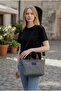 Mini Size Zippered Waxed Canvas Anthracite (Black Leather Detail) Handbag / Crossbody Strap - 3