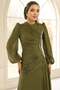 Yoryo Silk Hijab Evening Dress with Pearl and Pleated Detail Green 1249 - 4