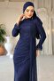 Beli Cape Detailed Stone Decorated Lace Hijab Evening Dress Dark Blue 1252 - 2