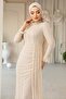 Beli Cape Detailed Stone Decorated Lace Hijab Evening Dress Cream 1252 - 2