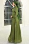 Pearl and Satin Detailed Yoryo Silk Hijab Evening Dress Green 1688 - 6