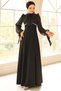 Yoryo Silk Crepe Combination Hijab Evening Dress with Lace and Pearl Detail Black 1685 - 5