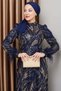 Exclusive Hijab Evening Dress with Feather Detail on the Sleeve, Bead and Sequin Embellishments, Dark Blue 1000-m - 5