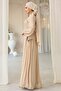 Front Stone Detailed Patterned Crepe and Chiffon Combination Hijab Evening Dress Bej 1689 - 6