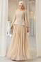 Front Stone Detailed Patterned Crepe and Chiffon Combination Hijab Evening Dress Bej 1689