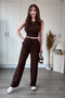 Ruffled Crop Crew Neck Brown Pants Suit - 4