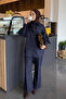 Women's Drawstring Sleeve Button Detail Collar Tie Jeans Trousers Set Navy Blue - 2