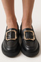 Black Genuine Leather Women's Loafer Shoes with Large Square Gold Buckle Real Leather Moccasins - 6