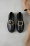 Black Genuine Leather Women's Loafer Shoes with Large Square Gold Buckle Real Leather Moccasins - 8