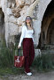 Burgundy velvet elastic waist pants - 2