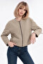 Women's Beige Balloon Sleeve Oversize Zippered Bomber Jacket - 2