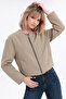 Women's Beige Balloon Sleeve Oversize Zippered Bomber Jacket - 4