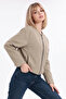 Women's Beige Balloon Sleeve Oversize Zippered Bomber Jacket - 5