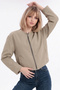 Women's Beige Balloon Sleeve Oversize Zippered Bomber Jacket
