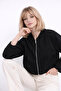 Women's Black Balloon Sleeve Oversize Zippered Bomber Jacket - 3