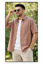 Men's Red Color Short Sleeve Shirt with Striped Collar, Buttoned and Pockets - 2