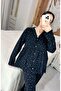 Black Color Glittery Star Patterned Seasonal Long Sleeve Cotton Fabric Maternity Pajama Set