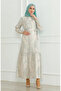 Patterned belted linen dress 0471e-03 beige green - 2