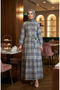 Plaid Patterned Belted Hijab Dress 2218-02 Navy Blue Green - 2