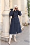 Large Size Hooded Belted Coat 6322-02 Navy Blue - 2