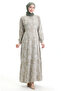 Patterned Dress with Elastic Sleeves 2046-04 Dark Beige