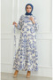 Patterned belted linen dress 0471b-05 beige Cobalt - 5