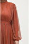 Pearl Embellished Tulle Evening Dress 6233-06 Terracotta Color - 4