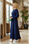 Belted Dress with Elasticated Sleeves 2151-01 Navy Blue - 2