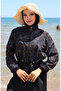 Elastic Waist Authentic Patterned Zippered Hijab Swimsuit with Bonnet Gift 9005C-01 Black Blue - 3