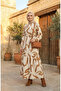 Patterned Belted Linen Dress 0471A-08 Beige Taba - 2