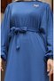 Corded Fabric Hijab Dress with Brooch and Lace Detail 0220-06 Indigo - 5