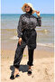 Elastic waist zebra patterned zippered hijab swimsuit with free cap 9005j-01 black beige - 2